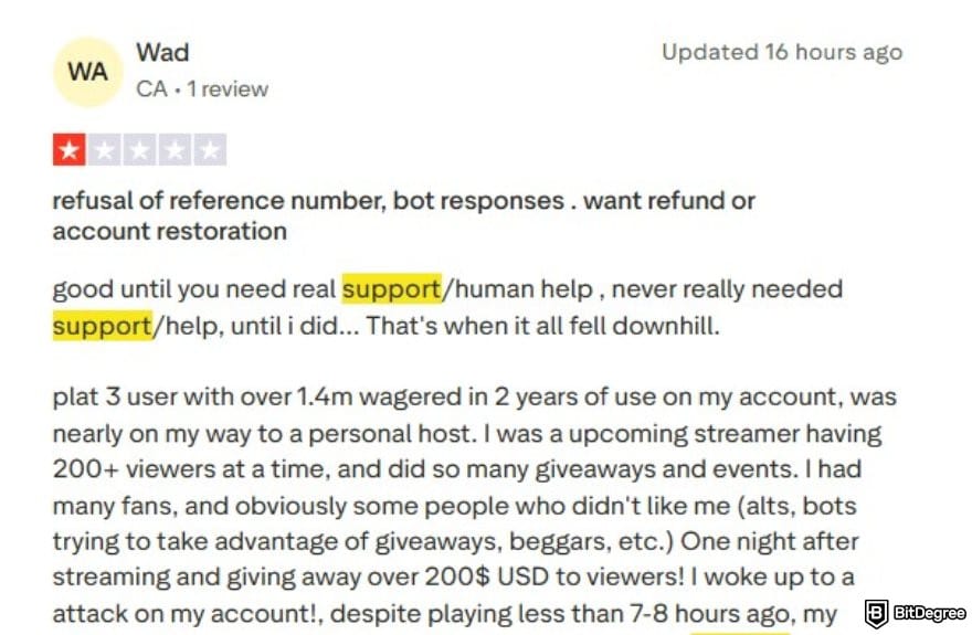 Stake casino review: a review for Stake.com on Trust Pilot.