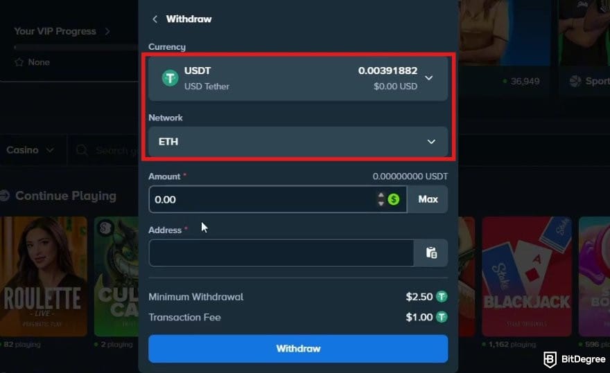 Stake casino review: the currency options when withdrawing on Stake.com.