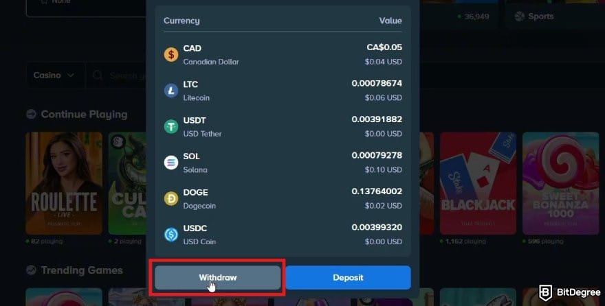 Stake casino review: the withdraw menu on Stake.com.