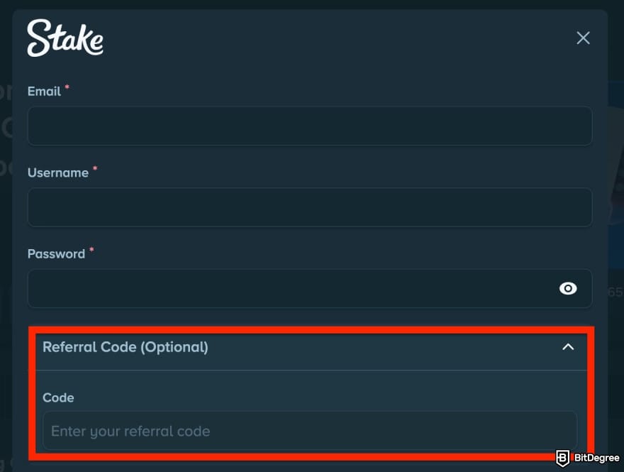 Stake promo code: adding your referral code.