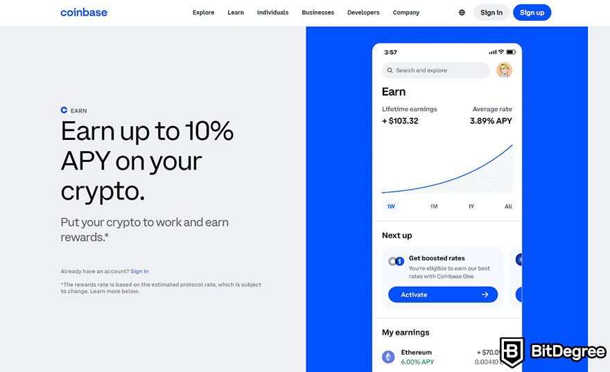 Staking crypto: Coinbase Earn landing page.