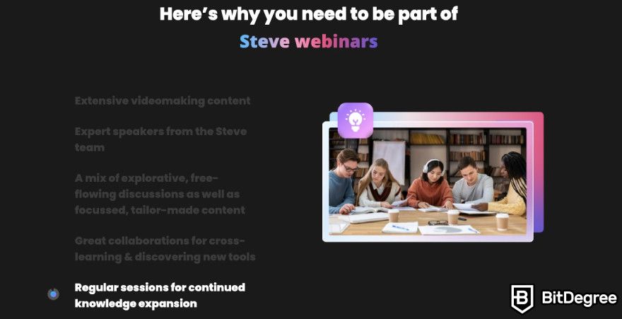 Steve AI review: Steve AI displaying why its webinars are helpful.