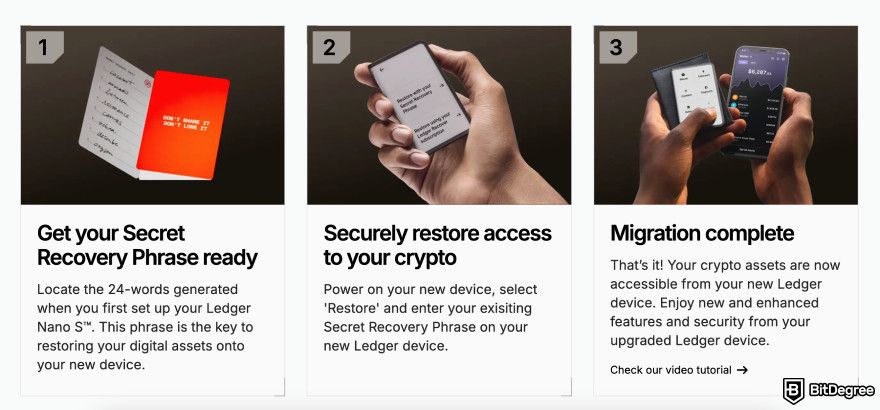 Steps to upgrading your Ledger Nano S to a new Ledger device.