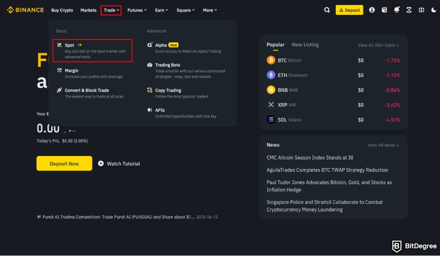 Stop loss in crypto: navigate to Spot on Binance.