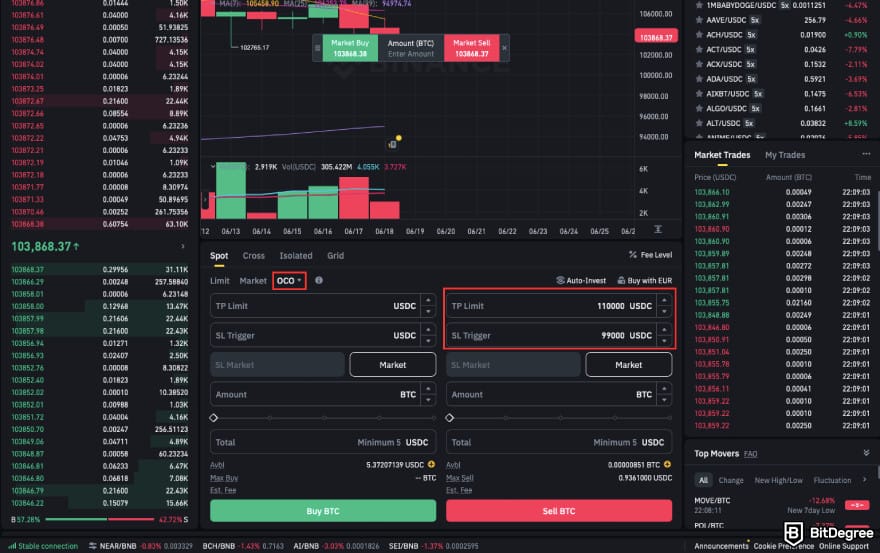 Stop loss in crypto: choose an OCO order on Binance.