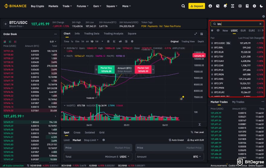 Stop loss in crypto: choose a trading pair on Binance.