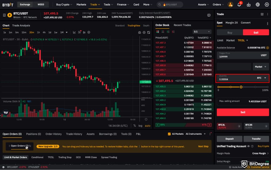 Stop loss in crypto: enter the amount you want to sell on Bybit.