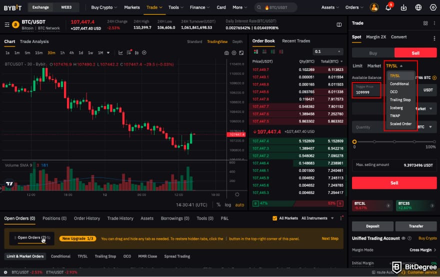 Stop loss in crypto: choose the TP/SL or Conditional order on Bybit.