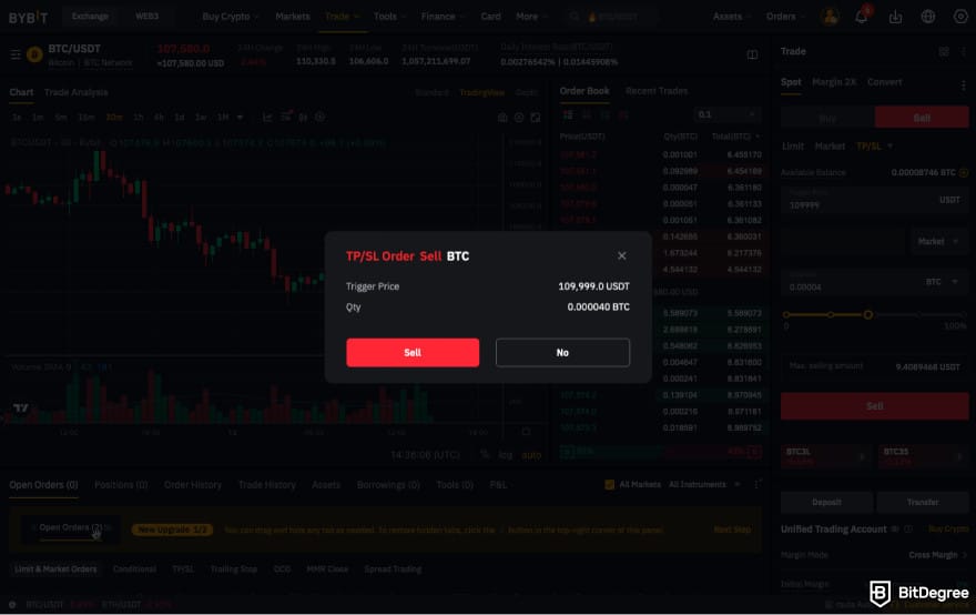 Stop loss in crypto: click Sell on Bybit.