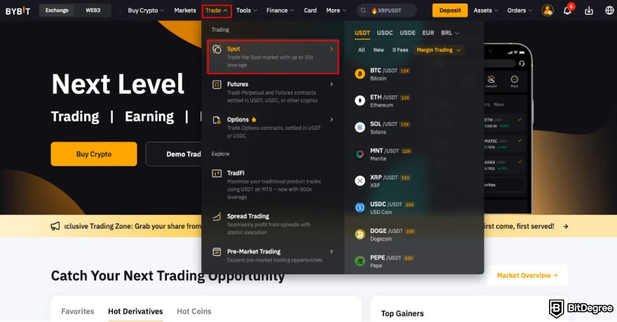 Stop loss in crypto: navigate to Spot on Bybit.