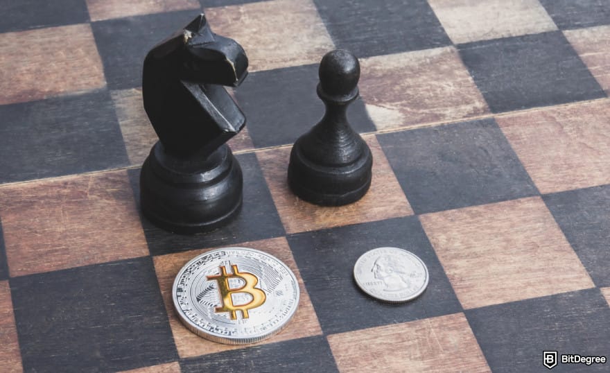 Stop loss in crypto: a Bitcoin and a dollar coin in front of two chess pieces on a board.