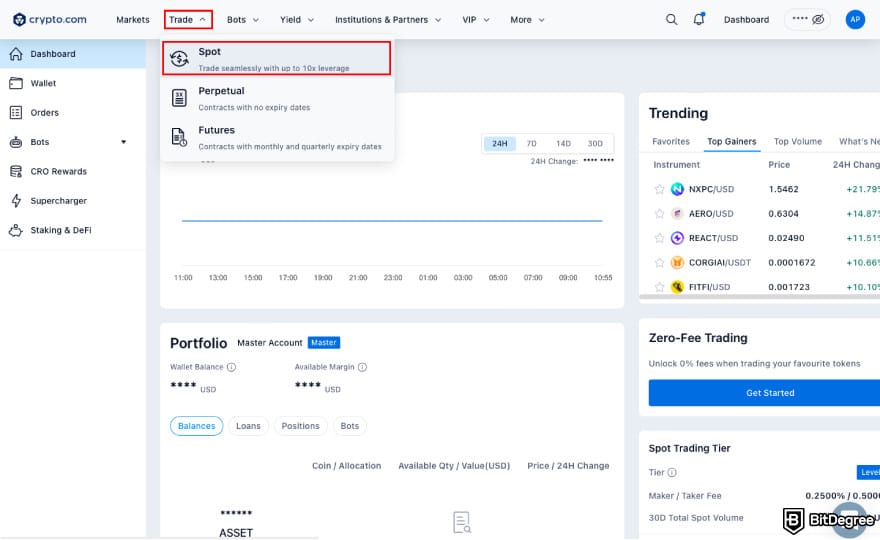 Stop loss in crypto: click Spot on Crypto.com.