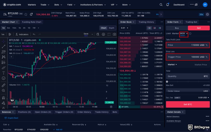 Stop loss in crypto: choose the OCO order on Crypto.com.