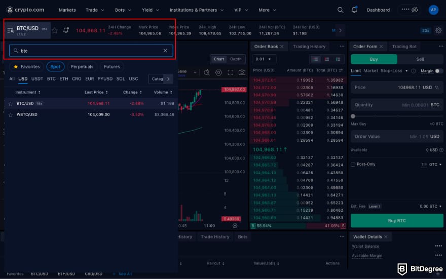Stop loss in crypto: choose trading pair on Crypto.com.