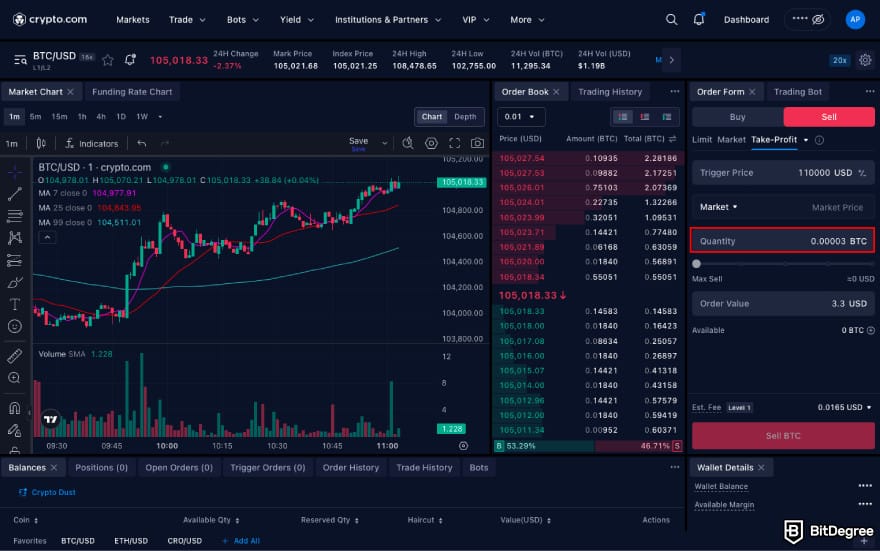 Stop loss in crypto: enter the amount and click Sell.