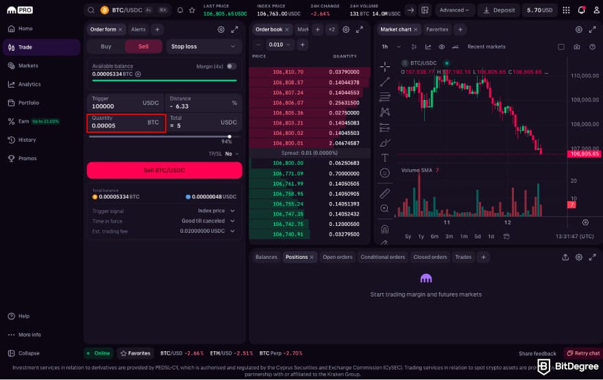 Stop loss in crypto: enter the amount and click Sell on Kraken.