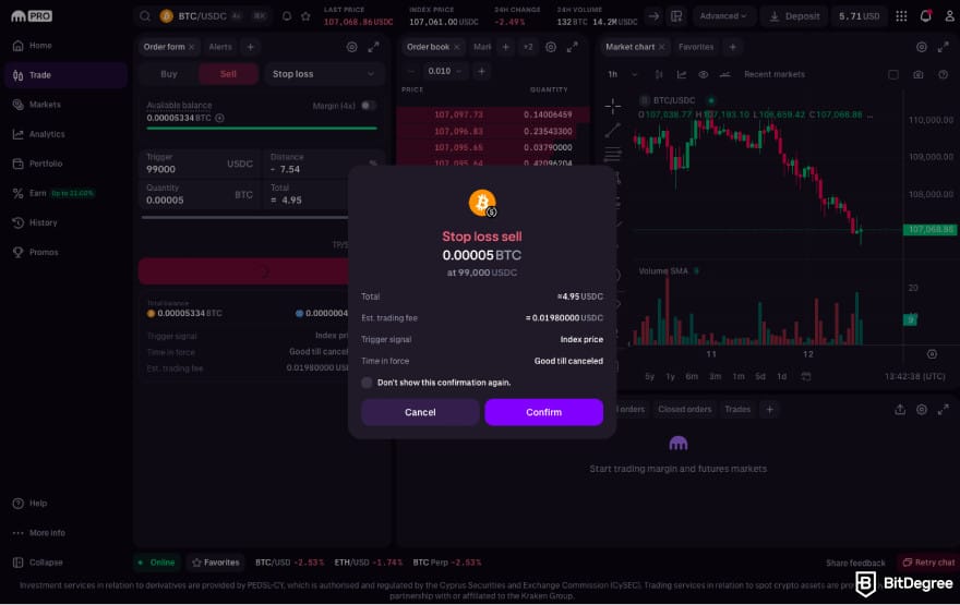 Stop loss in crypto: click Confirm on Kraken.