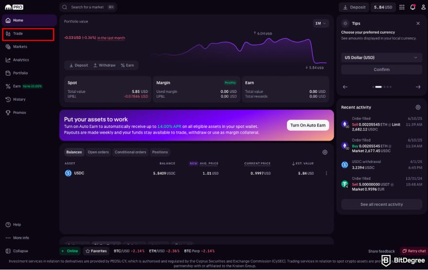 Stop loss in crypto: go to Trade on Kraken.