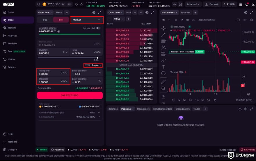 Stop loss in crypto: select the Take Profit or Stop Loss bracket order on Kraken.