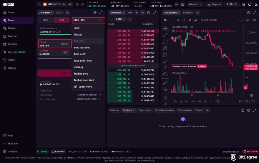 Stop loss in crypto: choose the Stop Loss order on Kraken.