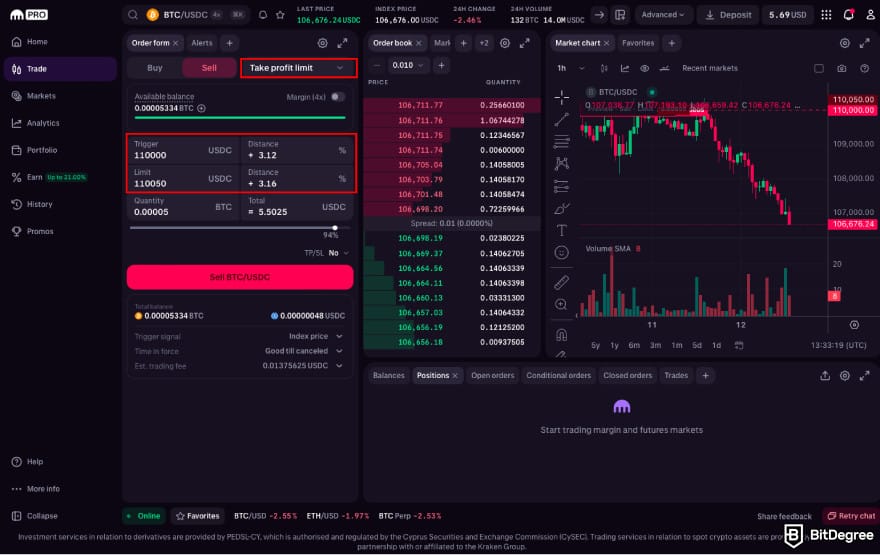 Stop loss in crypto: select the Take Profit order on Kraken.