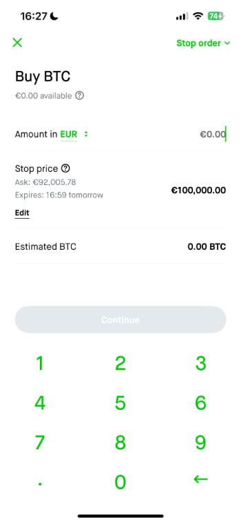 Stop loss in crypto: enter the amount and click [Continue] on Robinhood.