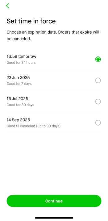 Stop loss in crypto: enter the expiration date on Robinhood.