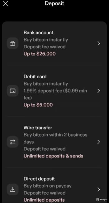 Strike crypto review: select the method you want to deposit with.