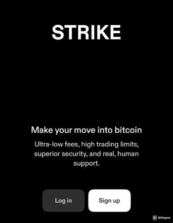 Strike crypto review: main sign up page on Strike's app.