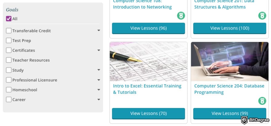 Study.com review: the filter that allows sorting courses out by goals.