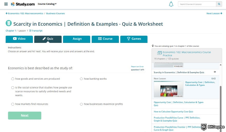 Study.com review: the quiz section in the Scarcity in Economics lesson.