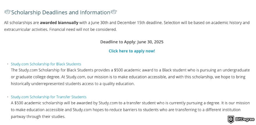Study.com review: a few of the scholarships offered by Study.com.