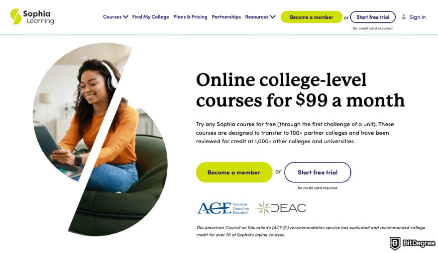 Study.com review: Sophia Learning homepage.