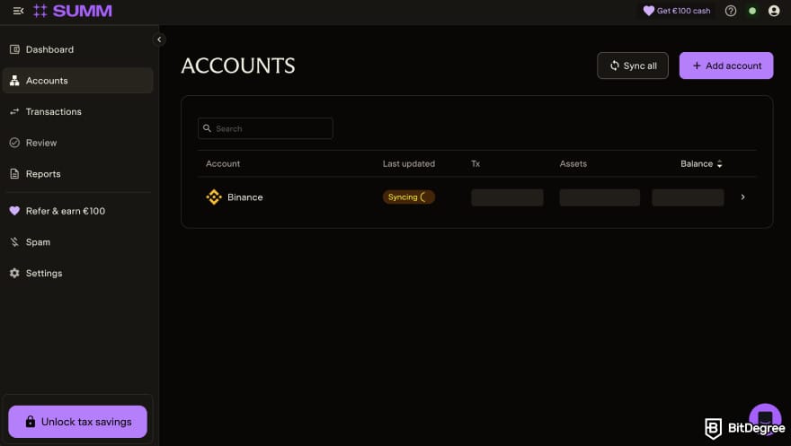 Summ review: the "Accounts" page.