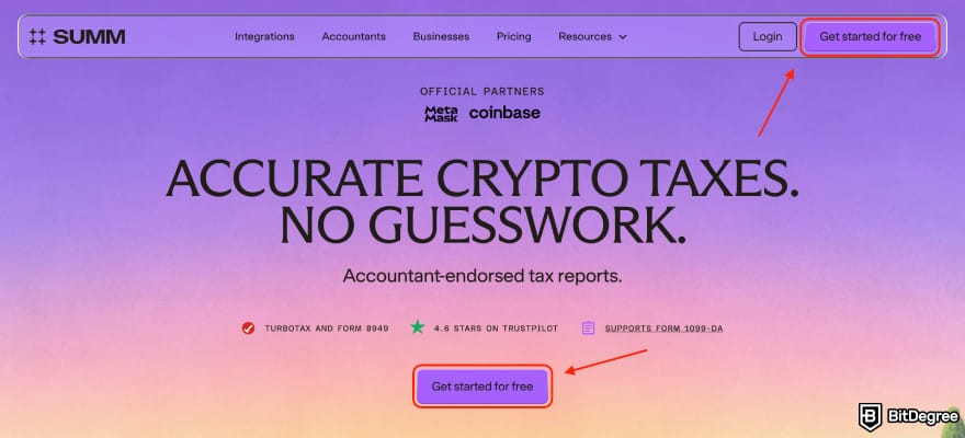 Summ review: the [Get started for free] button.