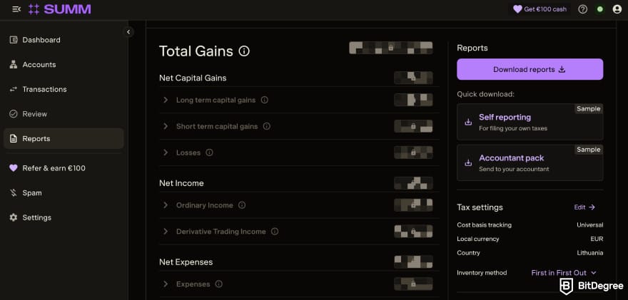 Summ review: the "Reports" page.