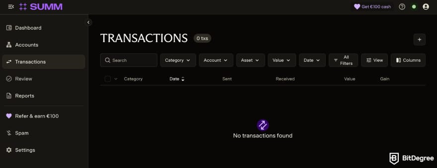 Summ review: the "Transactions" page.