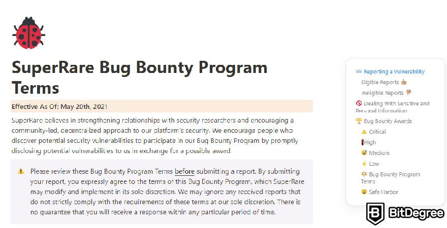 SuperRare Review: a screenshot of SuperRare's Bug Bounty page.