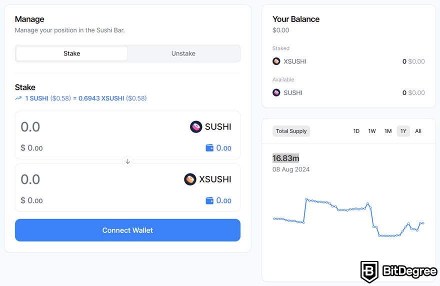 SushiSwap review: Sushi Bar interface, showing the SUSHI to xSUSHI converter, balance, and current supply.