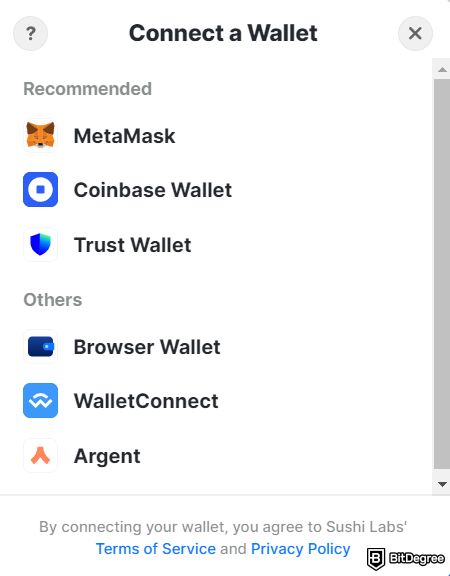 SushiSwap Review: wallet connection window.