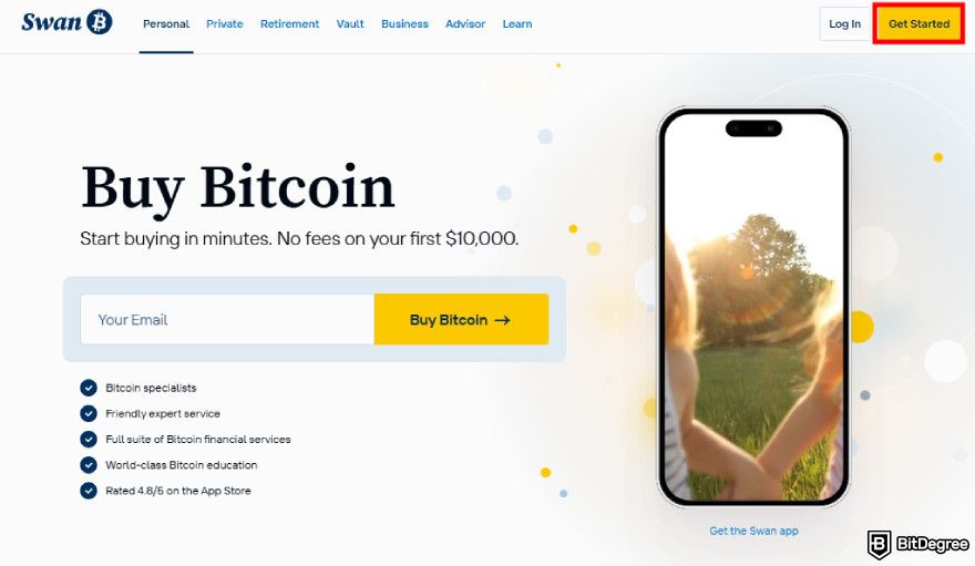Swan Bitcoin review: the "Get Started" button.