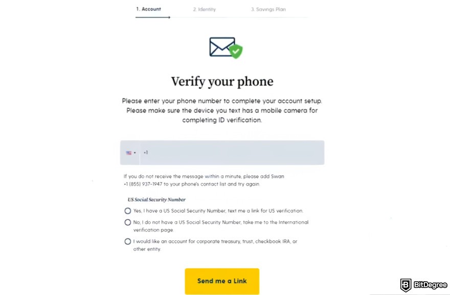 Swan Bitcoin review: phone number verification.