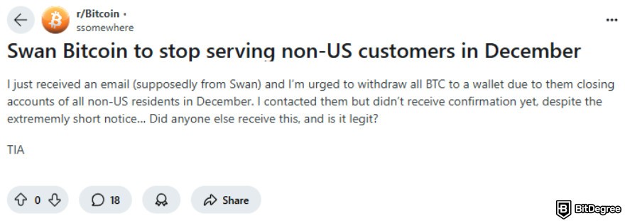 Swan Bitcoin: Reddit community.