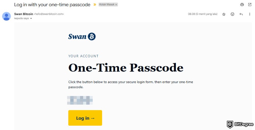 Swan Bitcoin review: verification email.