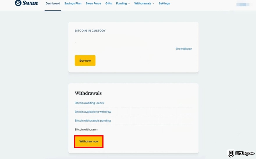 Swan Bitcoin review: "Withdraw now" button.