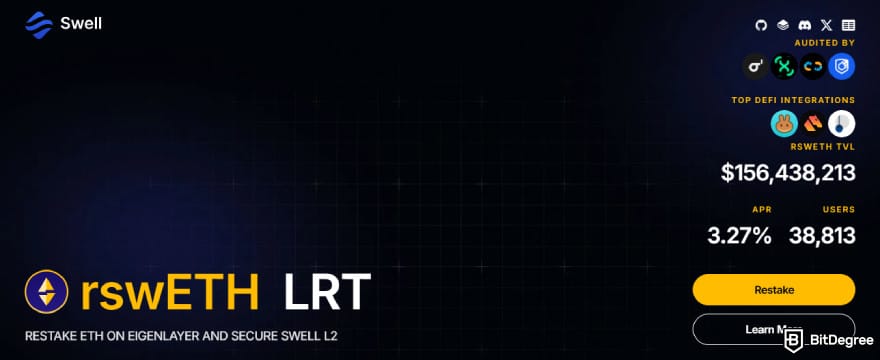 SWELL crypto price prediction: rswETH LRT page on Swell Network website.