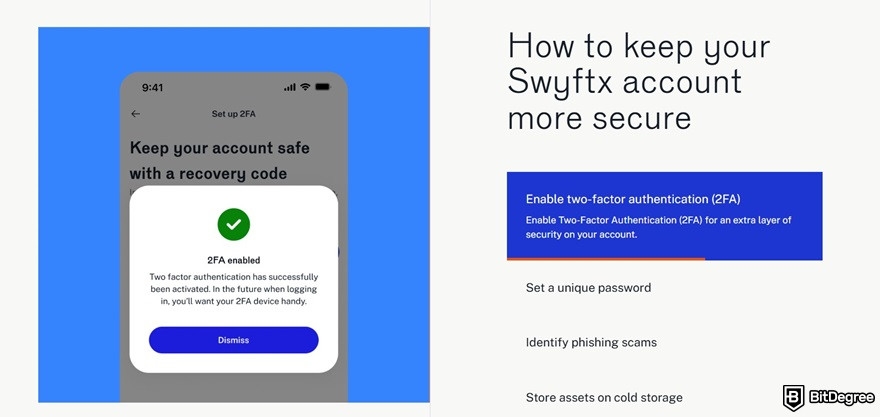 Swyftx review: 2FA settings on Swyftx.