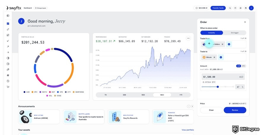 Swyftx review: dashboard.