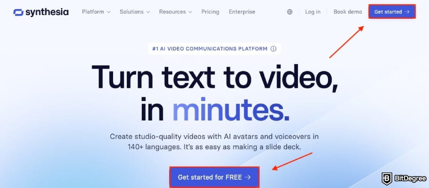 Synthesia promo code: two red arrows pointing to the Get started for FREE and Get started buttons.
