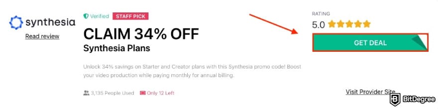 Synthesia promo code: a red arrow pointing to the GET DEAL button.